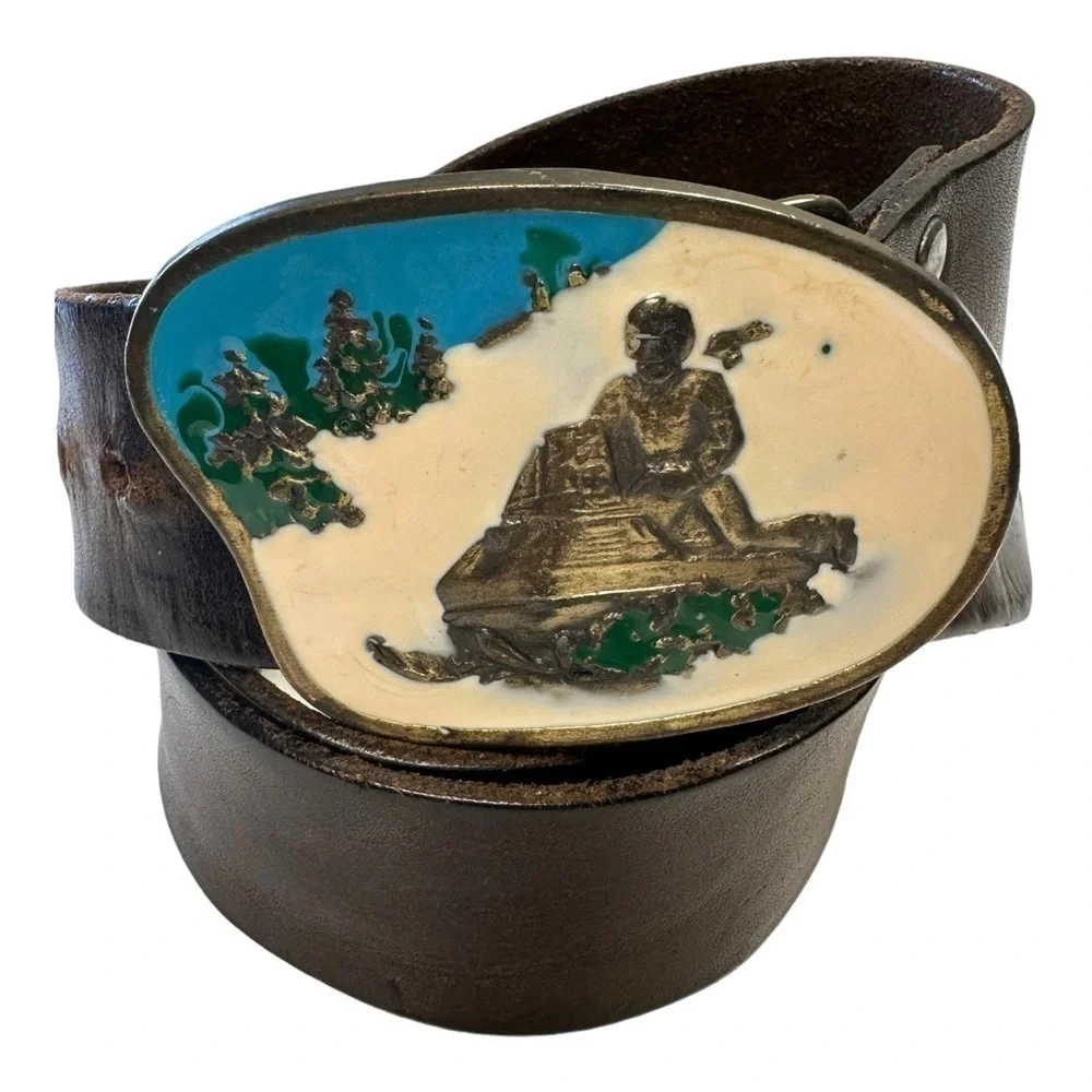 Vintage Snowmobile Enamel Buckle Leather Belt